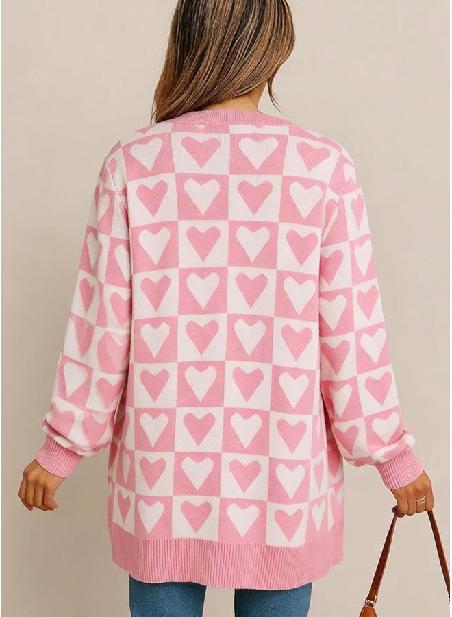QLIPIN Heart Cardigan Valentines Sweater Women: Valentine Cardigan Love Print Open Front Knit Sweaters Outwear with Pockets, C Light Pink & White Plaid, S - Image 3