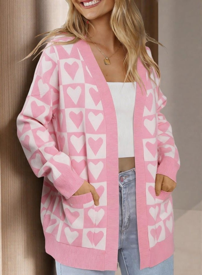 QLIPIN Heart Cardigan Valentines Sweater Women: Valentine Cardigan Love Print Open Front Knit Sweaters Outwear with Pockets, C Light Pink & White Plaid, S - Image 2