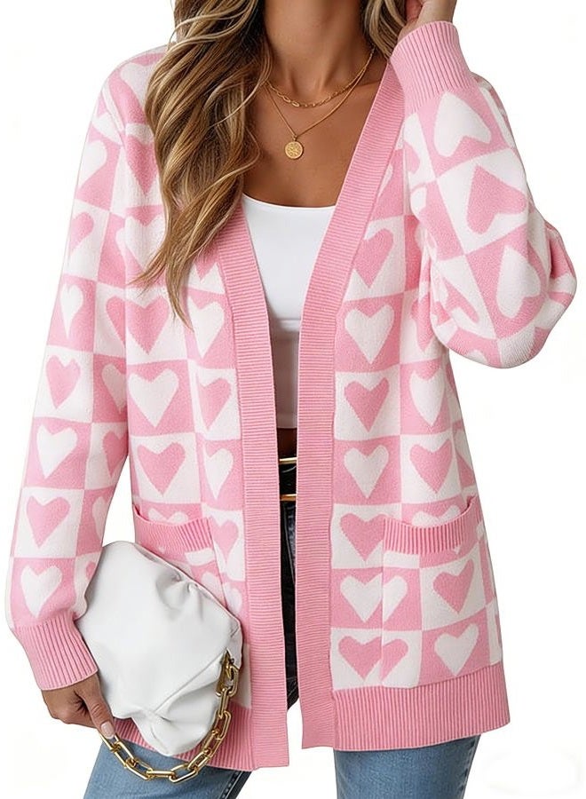 QLIPIN Heart Cardigan Valentines Sweater Women: Valentine Cardigan Love Print Open Front Knit Sweaters Outwear with Pockets, C Light Pink & White Plaid, S - Image 4