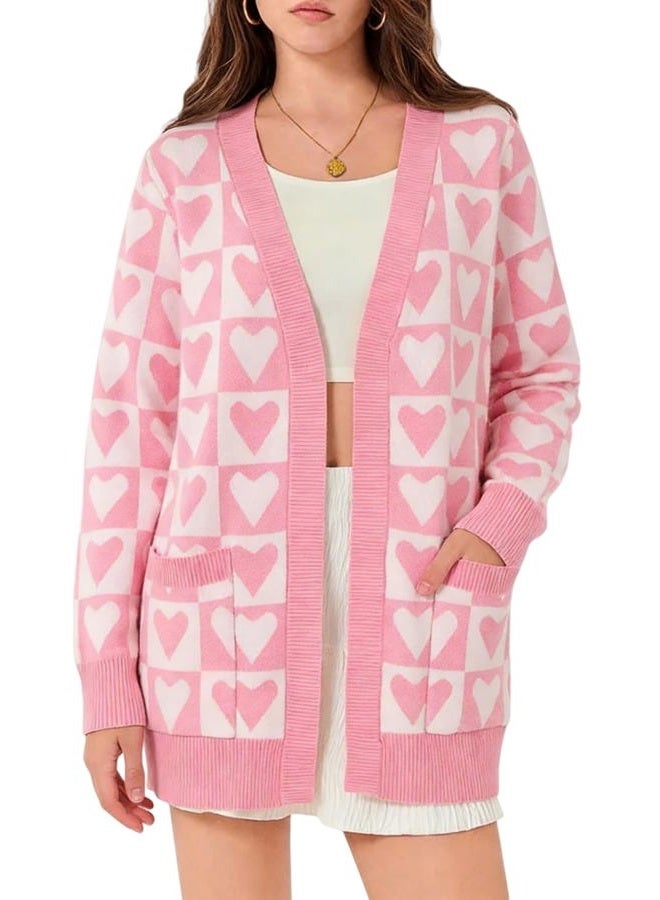 QLIPIN Heart Cardigan Valentines Sweater Women: Valentine Cardigan Love Print Open Front Knit Sweaters Outwear with Pockets, C Light Pink & White Plaid, S - Image 5