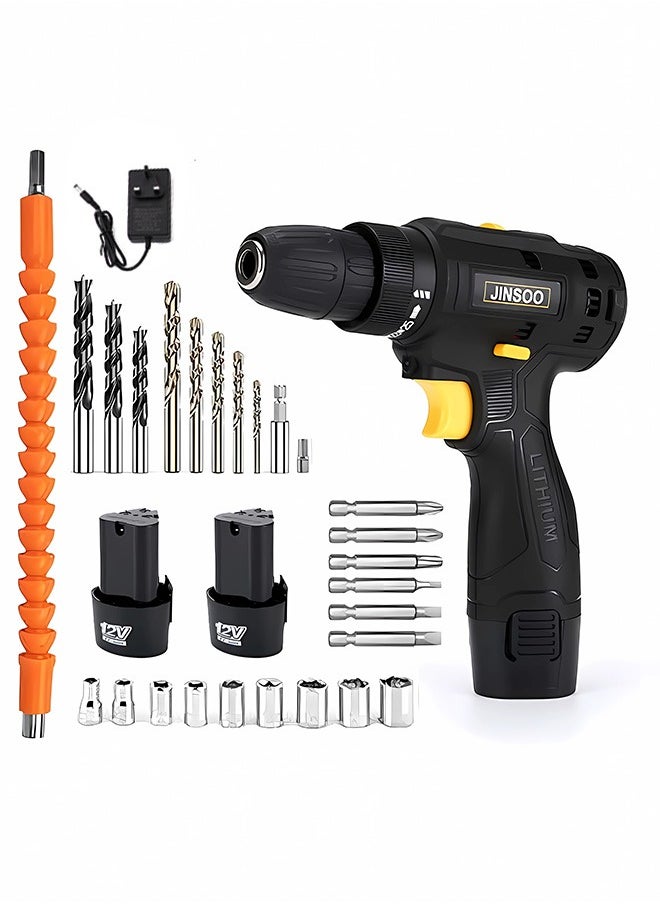 JINSOO - JINSOO 12V portable rechargeable cordless drill, 3/8 inch drill with lithium battery and charger, multi-accessory two-speed drill set - Image 1