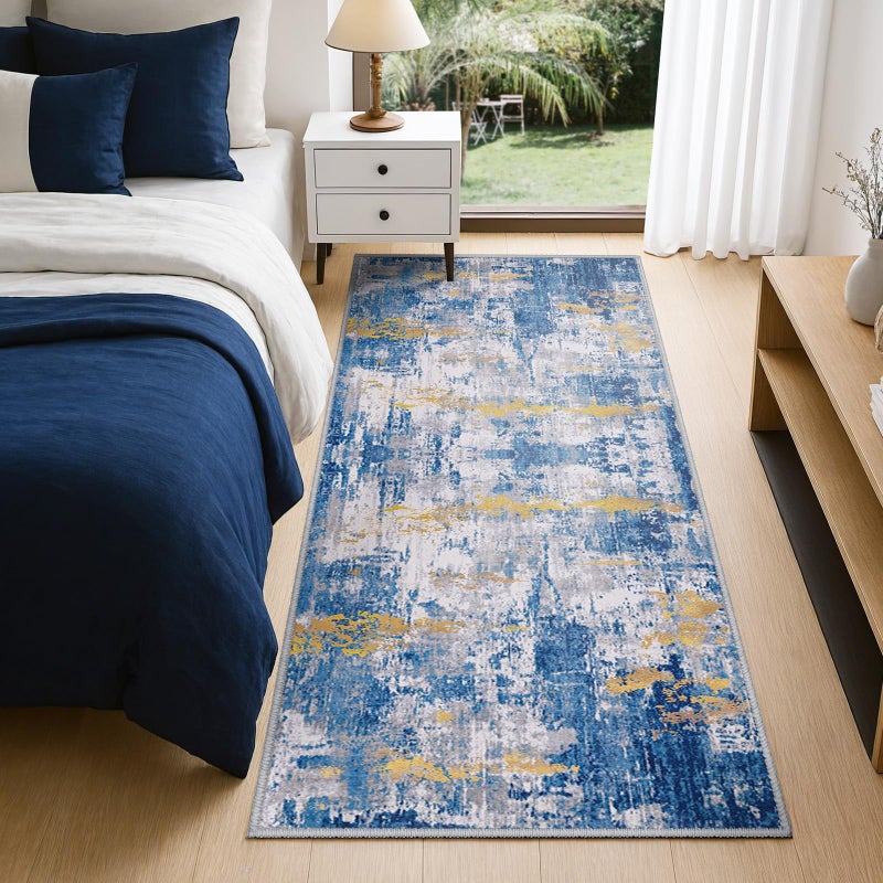 RELEANY Washable Area Rugs 2'x8' Non-Slip Modern Abstract Soft for Living Room Entryway Bedroom Nursery  Print Pattern  Grey Blue Gold/Golden - Image 4
