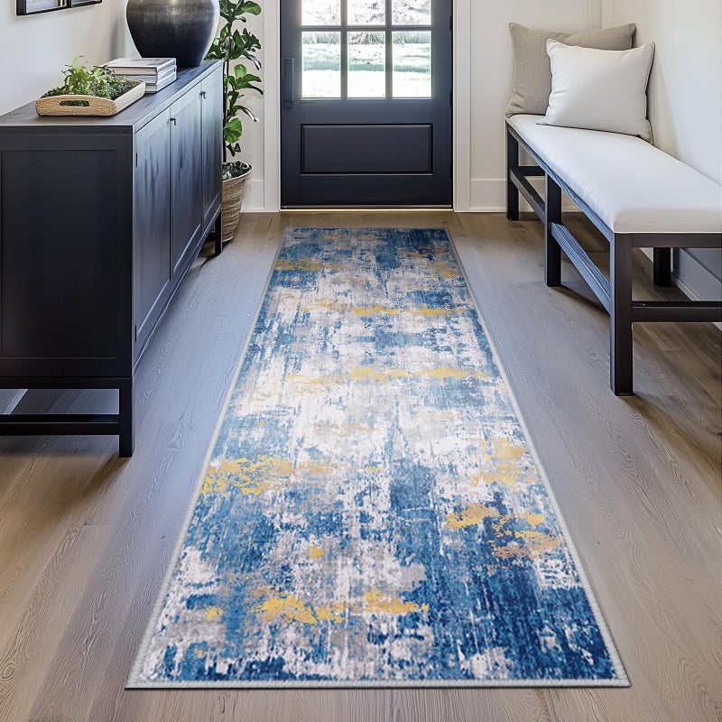 RELEANY Washable Area Rugs 2'x8' Non-Slip Modern Abstract Soft for Living Room Entryway Bedroom Nursery  Print Pattern  Grey Blue Gold/Golden - Image 3