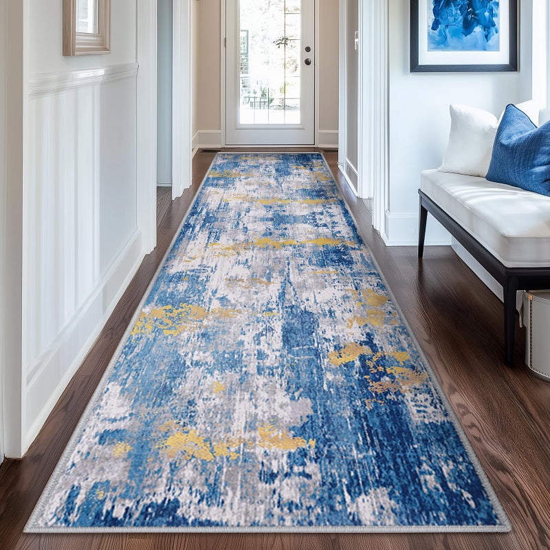 RELEANY Washable Area Rugs 2'x8' Non-Slip Modern Abstract Soft for Living Room Entryway Bedroom Nursery  Print Pattern  Grey Blue Gold/Golden - Image 1