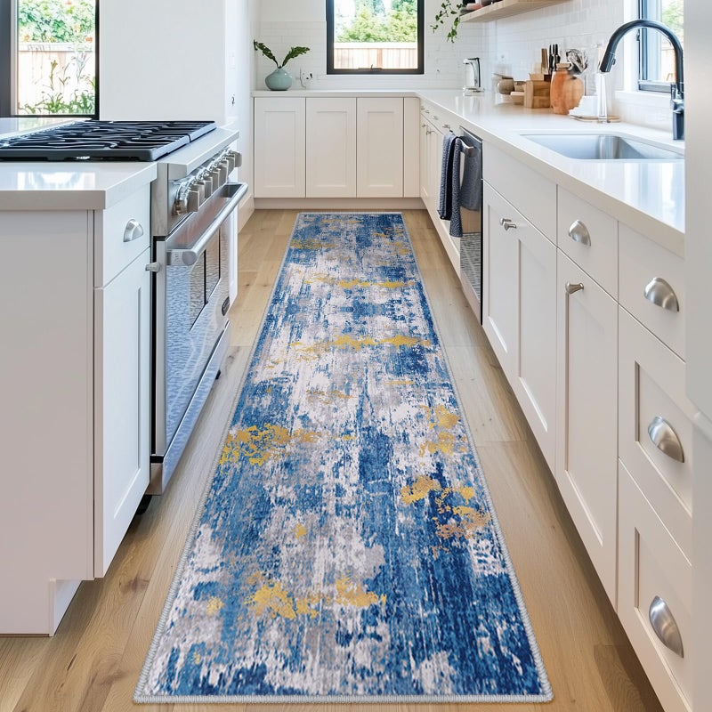 RELEANY Washable Area Rugs 2'x8' Non-Slip Modern Abstract Soft for Living Room Entryway Bedroom Nursery  Print Pattern  Grey Blue Gold/Golden - Image 2