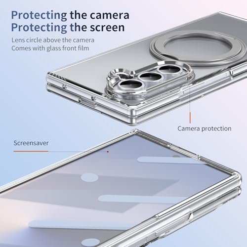 XIMAND for Samsung Galaxy Z Fold 7 Case with Magnetic Ring Holder, 360 Rotating Bracket, Built-in Front Screen Len Protector, Anti-Yellowing & Anti-Fingerprint Crystal Clear Case.(Silver) - Image 5