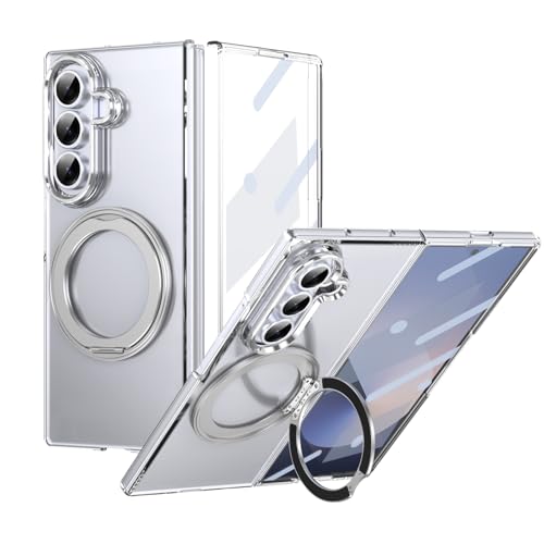 XIMAND for Samsung Galaxy Z Fold 7 Case with Magnetic Ring Holder, 360 Rotating Bracket, Built-in Front Screen Len Protector, Anti-Yellowing & Anti-Fingerprint Crystal Clear Case.(Silver) - Image 1