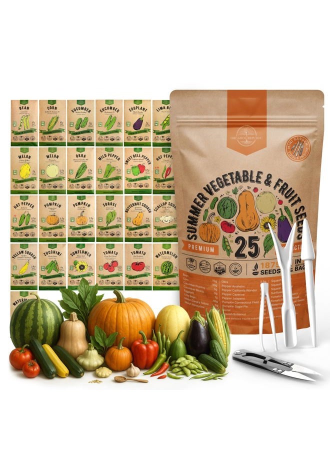 Organo Republic 25 Summer Vegetable & Fruit Seeds Variety Pack for Outdoors and Indoor Home Gardening 1500+ Non-GMO Heirloom Veggie & Salad Green Seeds: Collards Tomato Pepper Okra Onion Bean Cucumber - Image 1