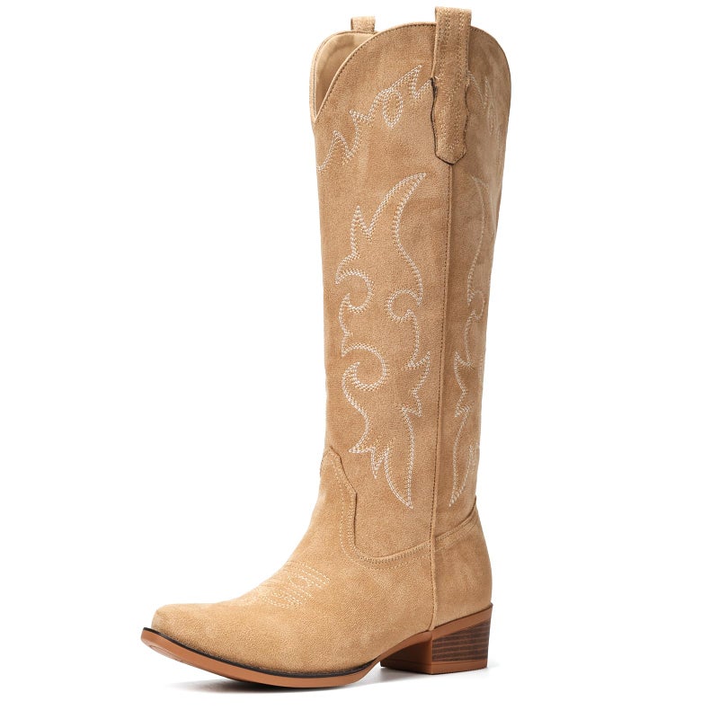 Fioralie Suede Cowboy Boots for Women Knee High Western Cowgirl Boots Pointed Toe Low Heel Classic Embroidered Boot - Image 1