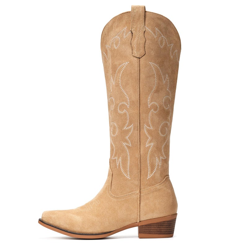 Fioralie Suede Cowboy Boots for Women Knee High Western Cowgirl Boots Pointed Toe Low Heel Classic Embroidered Boot - Image 5