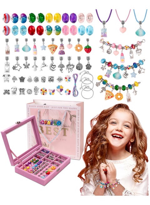 مجموعة الأساور GRAFLO للفتيات، مكوّنة من 66 قطعة، تشمل صندوق مجوهرات، سحر المجوهرات، وأساور لصناعة الحلي بنفسك، هدية مجوهرات مناسبة للكبار والأطفال، هدية مناسبة للفتيات من 8 إلى 12 عامًا (لون وردي)
