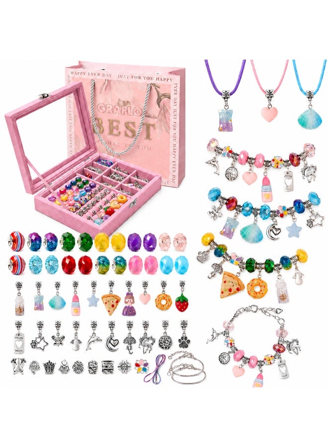 GRAFLO Bracelet Making Kit for Girls, Charm Bracelets Kit with 66pcs Beads with Jewelry Box, Elegant Clay Set for DIY Craft, Learning Toy Gift for Adolescent & Kids, for 6-12 Years Old (Royal Pink) - Image 1