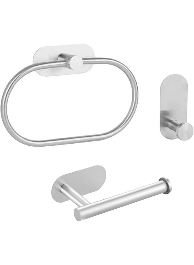1Pcs Stick on Toilet Roll Holder, 1Pcs Self Adhesive Hooks and 1Pcs Self Adhesive Towel Ring, Towel Holders for Bathrooms, Stainless Steel Hand Towel Holder, for Use in Bathrooms, Kitchens, Cupboards