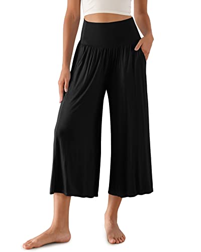 ODODOS Women's Wide Leg Palazzo Lounge Cropped Pants with Pockets Light Weight Comfy Casual Pajama Capri Pants-22 inseam, Black, XX-Large - Image 1