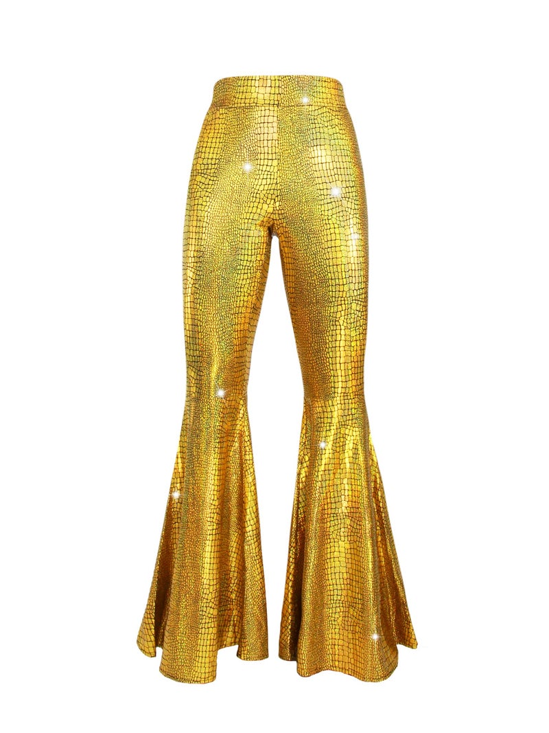 Nawgut Womens Sequin Flare Pant Sparkly High Waisted Leg Bell Bottom Glitter Trousers Night Out Clubwear-Large - Image 3