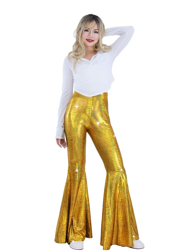 Nawgut Womens Sequin Flare Pant Sparkly High Waisted Leg Bell Bottom Glitter Trousers Night Out Clubwear-Large - Image 2