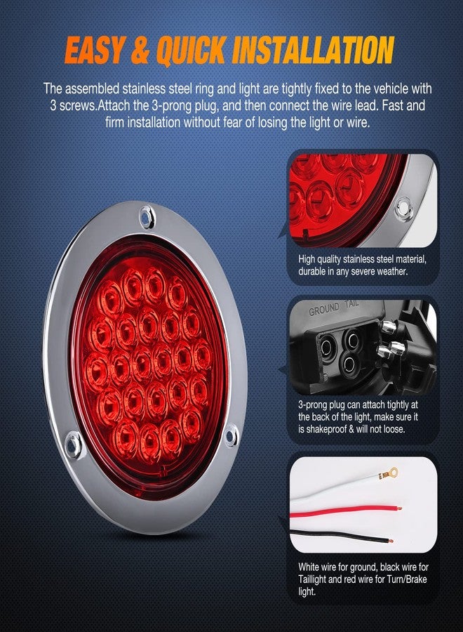 Nilight 4" Round Trailer Tail Light 2PCS 24LED Red Stainless Steel Chrome Bezel Waterproof Stop Brake Turn Lights for Truck Van Camper Boat Lorry - Image 5