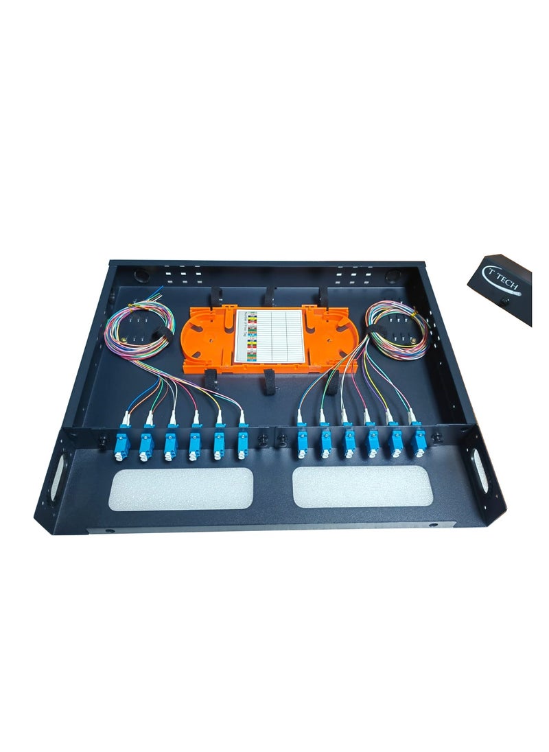 T Tech TTECH Fiber Optic Fixed Patch Panel, 12 Port with 12 Dual Adapters and 24 Strands LC UPC Singlemode 9/125 Mode, Shelf Cabinet 19 Inch  - Image 1