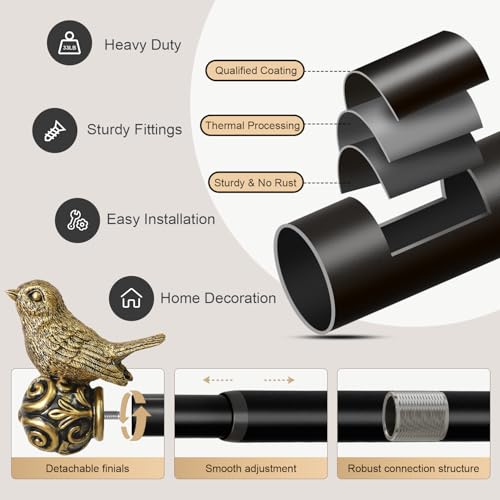 Hanchao Black Curtain Rods for Windows 48 to 84 Inch, Vintage Decorative Curtain Rod with Gold Bird Finials, 1'' Adjustable Heavy Duty Drapery Rod Set for Bedroom Living Room Kitchen,36-88'' - Image 3