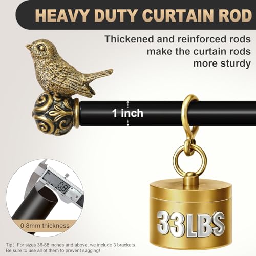 Hanchao Black Curtain Rods for Windows 48 to 84 Inch, Vintage Decorative Curtain Rod with Gold Bird Finials, 1'' Adjustable Heavy Duty Drapery Rod Set for Bedroom Living Room Kitchen,36-88'' - Image 4