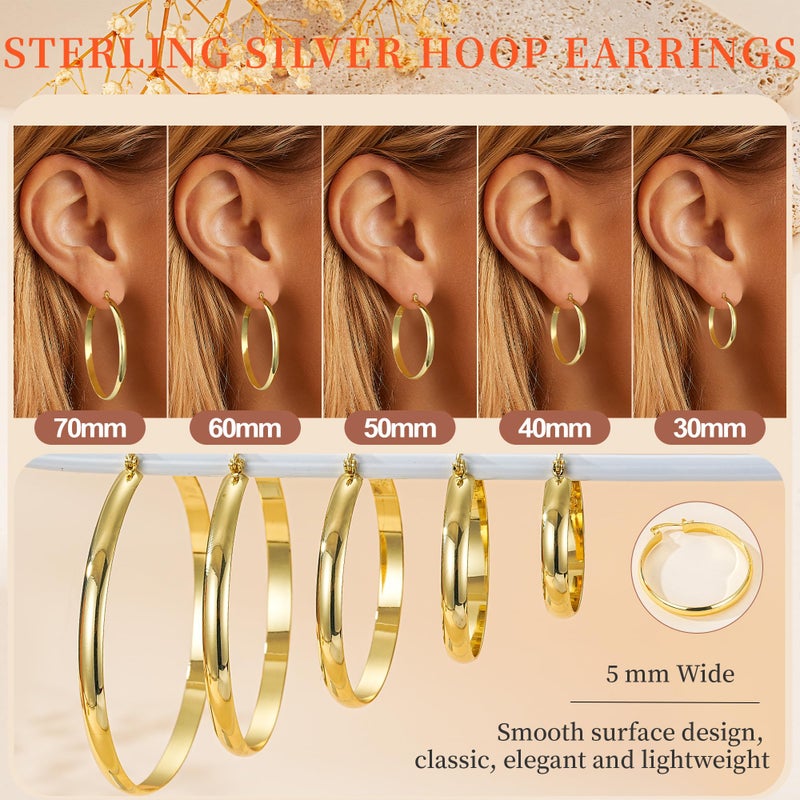 Apsvo 14K Gold Plated Hoop Earrings for Women,5mm Wide Large Hoop Earring Sterling Silver Post Chunky Gold Hoops for Women 30/40/50/60//70MM - Image 5