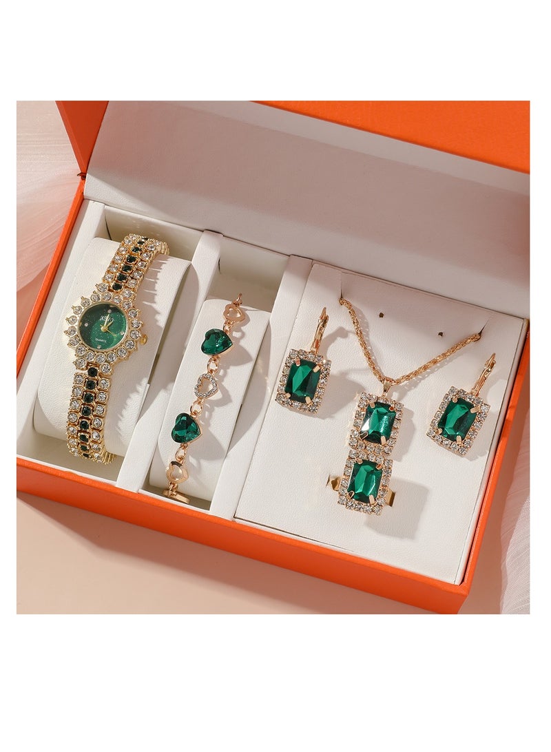 إكس أس في أو 4 في 1 قلادة نسائية، سوار، ساعة، مجموعة هدايا خاتم، ساعة كوارتز، ساعة عمل هدايا الأعمال ساعة يد فريدة من نوعها، هدايا العيد، هدايا عيد الميلاد، أخضر - Image 1