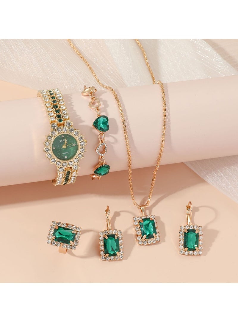إكس أس في أو 4 في 1 قلادة نسائية، سوار، ساعة، مجموعة هدايا خاتم، ساعة كوارتز، ساعة عمل هدايا الأعمال ساعة يد فريدة من نوعها، هدايا العيد، هدايا عيد الميلاد، أخضر - Image 2