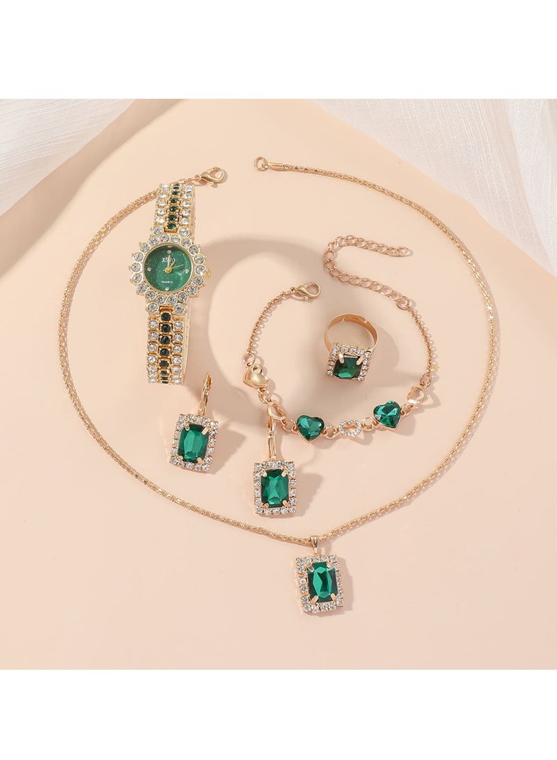 إكس أس في أو 4 في 1 قلادة نسائية، سوار، ساعة، مجموعة هدايا خاتم، ساعة كوارتز، ساعة عمل هدايا الأعمال ساعة يد فريدة من نوعها، هدايا العيد، هدايا عيد الميلاد، أخضر - Image 3