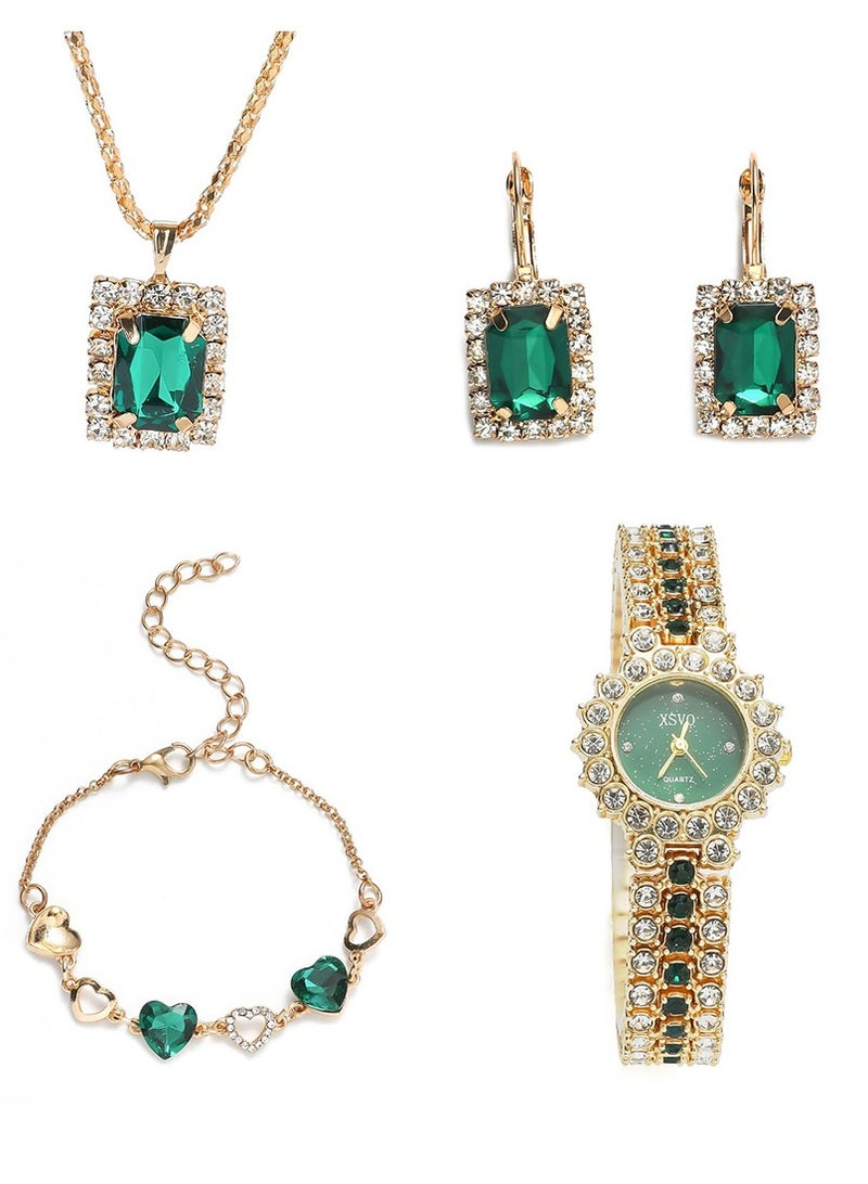 إكس أس في أو 4 في 1 قلادة نسائية، سوار، ساعة، مجموعة هدايا خاتم، ساعة كوارتز، ساعة عمل هدايا الأعمال ساعة يد فريدة من نوعها، هدايا العيد، هدايا عيد الميلاد، أخضر - Image 4