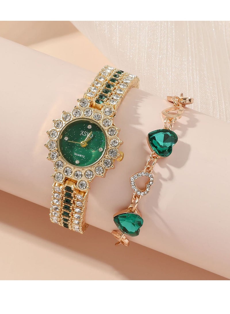 إكس أس في أو 4 في 1 قلادة نسائية، سوار، ساعة، مجموعة هدايا خاتم، ساعة كوارتز، ساعة عمل هدايا الأعمال ساعة يد فريدة من نوعها، هدايا العيد، هدايا عيد الميلاد، أخضر - Image 5