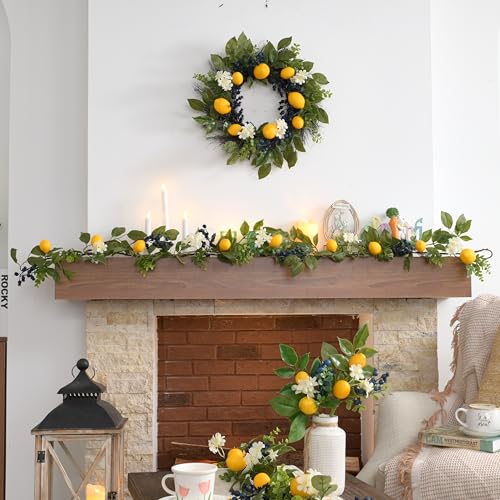 Valery Madelyn 6ft PreLit Lemon Garland with Greenery Thin Spring Summer Garland for Mantle with Lights Artificial Fruit Vine for Stairs Fireplace Table Farmhouse Kitchen Home Wall Party Decor - Image 3