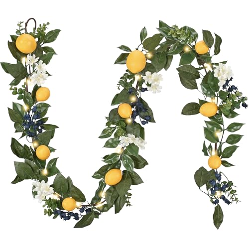 Valery Madelyn 6ft PreLit Lemon Garland with Greenery Thin Spring Summer Garland for Mantle with Lights Artificial Fruit Vine for Stairs Fireplace Table Farmhouse Kitchen Home Wall Party Decor - Image 1