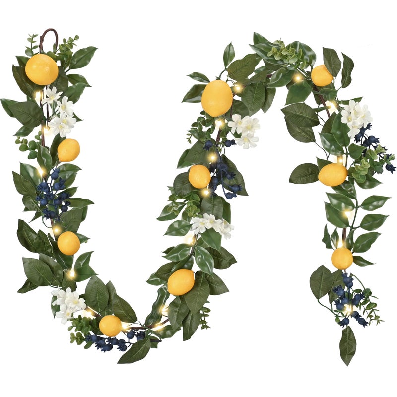 Valery Madelyn 6ft PreLit Lemon Garland with Greenery Thin Spring Summer Garland for Mantle with Lights Artificial Fruit Vine for Stairs Fireplace Table Farmhouse Kitchen Home Wall Party Decor - Image 2