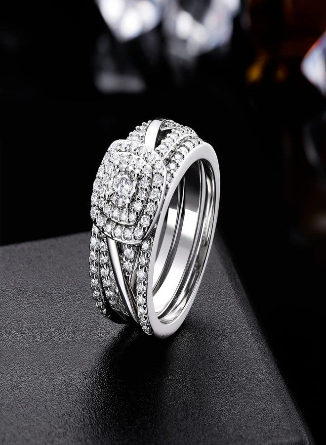 MDFUN Three-in-One ring set Square Halo Wedding Band Set Engagement Ring 18K White Gold Plated Cubic Zirconia Promise ring Eternity Ring for Women - Image 2