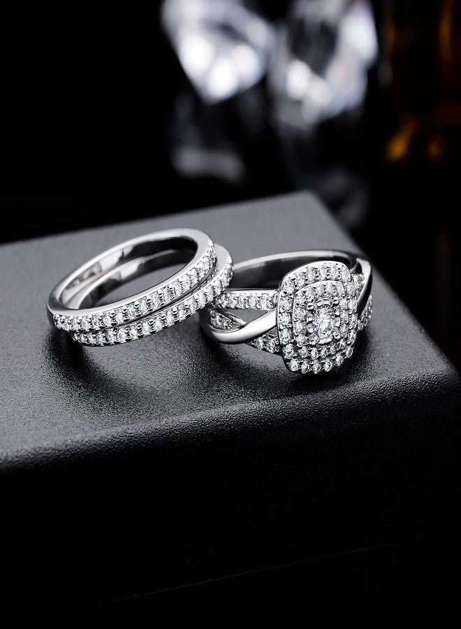 MDFUN Three-in-One ring set Square Halo Wedding Band Set Engagement Ring 18K White Gold Plated Cubic Zirconia Promise ring Eternity Ring for Women - Image 3