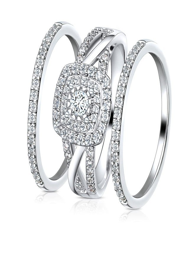MDFUN Three-in-One ring set Square Halo Wedding Band Set Engagement Ring 18K White Gold Plated Cubic Zirconia Promise ring Eternity Ring for Women - Image 1