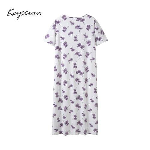Keyocean Nightgowns for Women, Soft Cotton Comfy Lightweight Short Sleeves Ladies Nightdress, Purple Danderlion, X-Large - Image 2