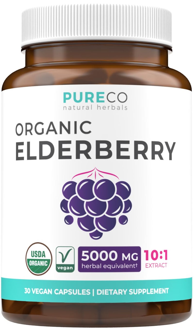 Organic Elderberry Capsules 101 Extract Equals 5000mg of Fresh Elderberries Vegan for Immune Support Allergy Sinus Relief Sambucus Nigra Black Elderberry 30 Caps No Pills or Gummies