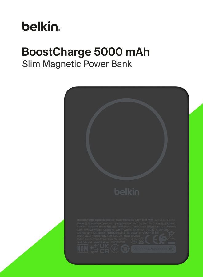 Belkin BoostCharge Magnetic Power Bank 5000mAh, Slim Portable Charger with Magnetic Ring and USB C Port, Battery Pack for iPhone, Galaxy, Pixelsnap, iPad, Tablet - USB C Cable Included - Black Black