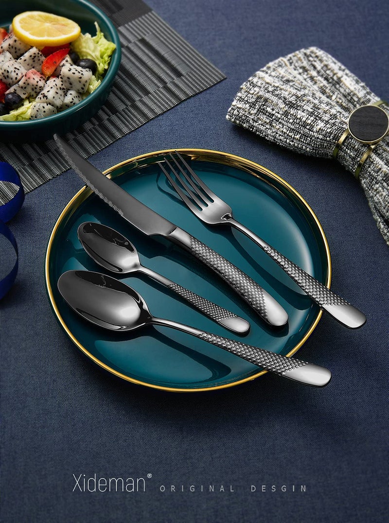 Xideman 16-Piece â€‹Modern Black Hammered Silverware Set with Ultra Sharp 2-IN-1 Serrated Knives, 18/10 Stainless Steel Flatware Set, Titanium â€‹Plated Cutlery Set Service for 4, Dishwasher Safe - Image 2