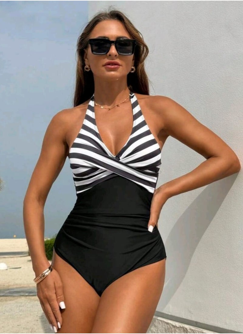 Shein SHEIN Swim Women Striped Print Splice Halter One-Piece Swimsuit For Holiday Outfit,Summer Beach  - Image 1
