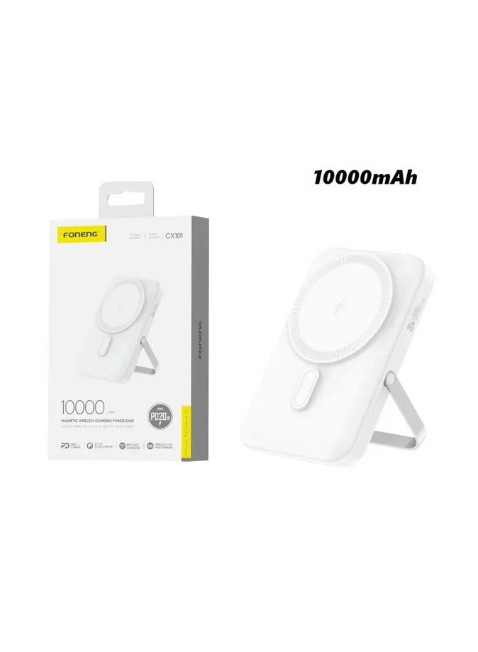 FONENG CX101 10000mAh Magnetic Wireless Power Bank – 20W Fast Charging with Built-in Stand and Portable Design White. - Image 1