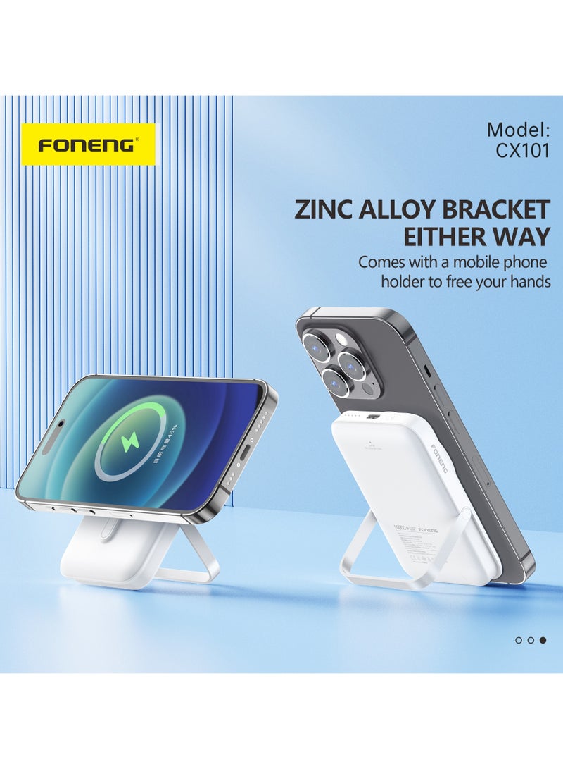 FONENG CX101 10000mAh Magnetic Wireless Power Bank – 20W Fast Charging with Built-in Stand and Portable Design White. - Image 2