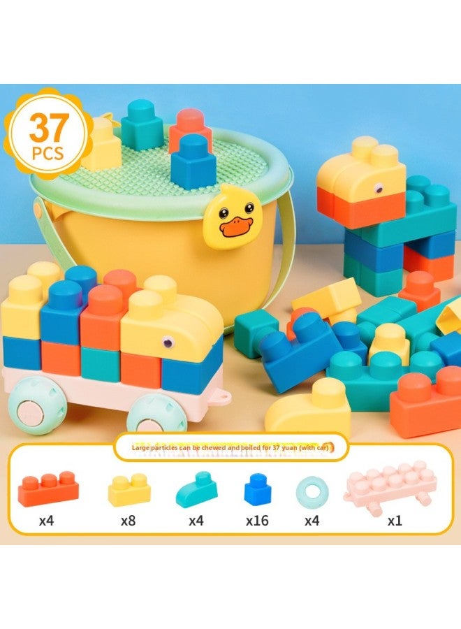 Children's Soft Rubber Building Blocks Maternal And Infant Puzzle And Brain Toys Large Particle Varied Assembled Building Blocks Baby Men And Women DIY-Color:Large Particles Can Bite 37 Pieces (with Car) + Yellow Duckling Storage Bucket  - Image 1