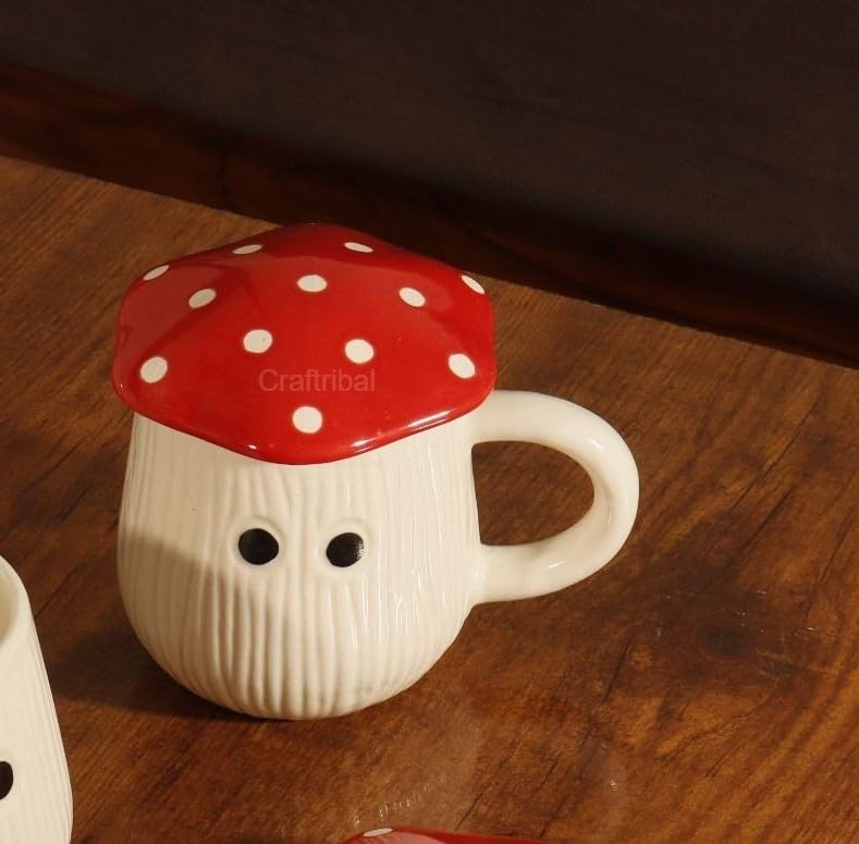 Craftribal Ceramic Creative Mushroom Mug with lid, Color- Red,300 ml Can be Used for Water, Tea, Coffee, Cola, Juice, Milk, Drinks, Good Birthday Gifts for Parents and Friends - Image 1