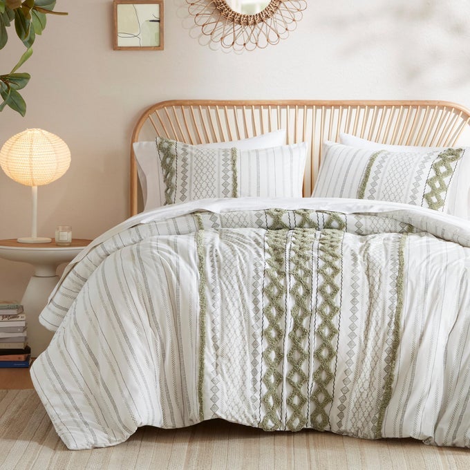 QUEEN DUVET COVER SET BOHO CHENILLE TUFTED COTTON DUVET COVER FOR QUEEN SIZE BED ALL SEASON QUEEN SIZE BEDDING COVER MATCHING SHAMS IMANI FULLQUEEN SAGE GREENIVORY 3 PIECE