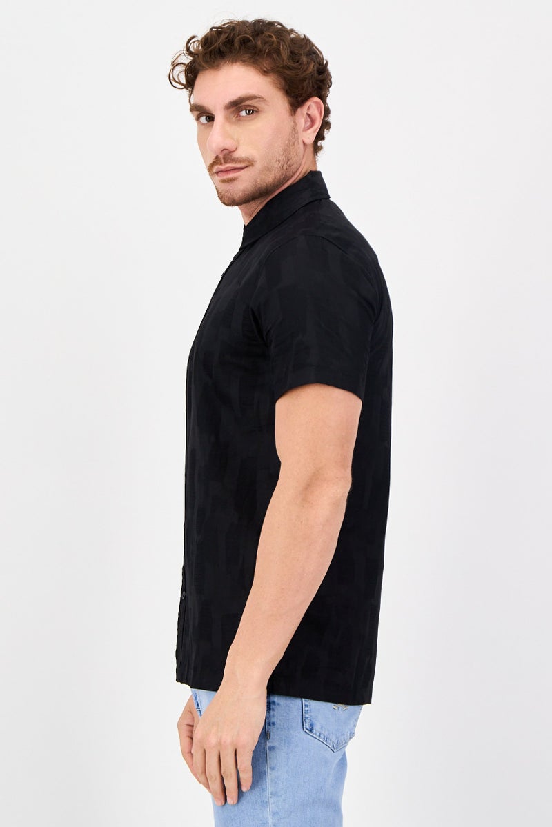Threadbare Men Regular Fit Textured Short Sleeve Casual Shirt, Black - Image 3