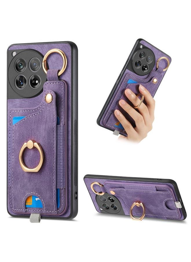 Green Tiger - For OnePlus 12 5G Retro Skin-feel Ring Card Bag Phone Case with Hang Loop(Purple) - Image 1