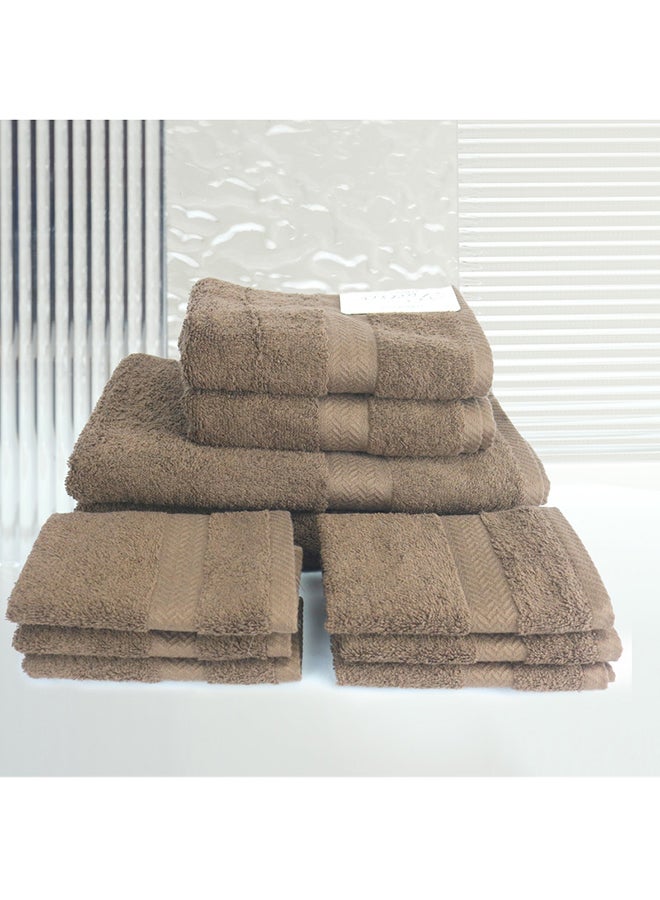 White Rose 10 Pcs MATRIX Dyed Towel set 500 GSM 100% Cotton Terry Zic Zac Border 2 Bath Towel (70x140) cm, 2 Hand Towel (50x90) cm, & 6 Face Towel (33x33) cm Soft Feel Highly Absorbent Chocolate Brown Color  - Image 4