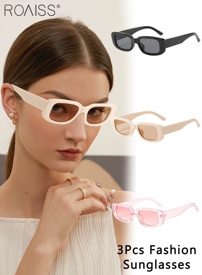 roaiss 3PCS Rectangular Sunglasses for Women, UV400 Protection Sun Glasses, Fashion Decorative Eyewear for Outdoor Party Street Photography, Black, Beige and Pink  - Image 1